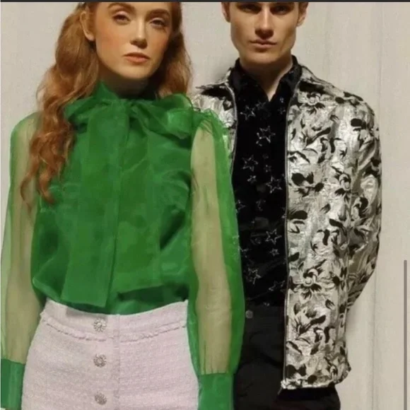 Zara green sheet organza blouse pussy bow dramatic chic S - Picture 3 of 12